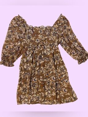 By the River Brown Floral Smocked Mini Dress with Puff Sleeves